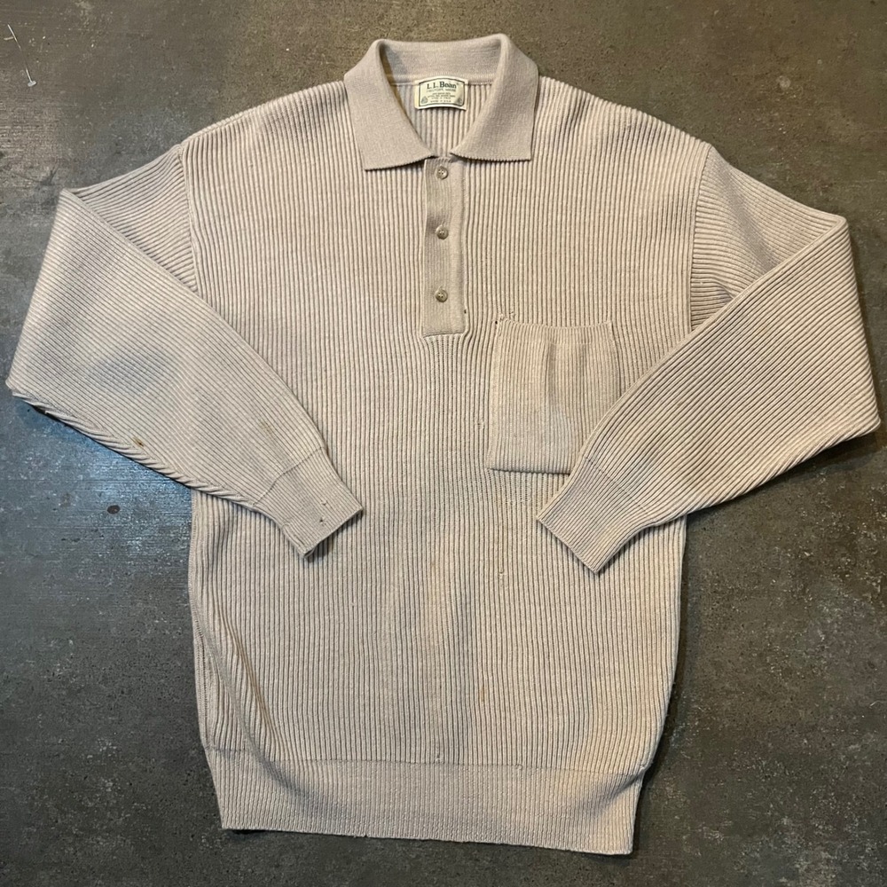 Vintage‎ L.L. Bean Sweater Men XL Beige Merino Wool Ribbed Knit Made in USA